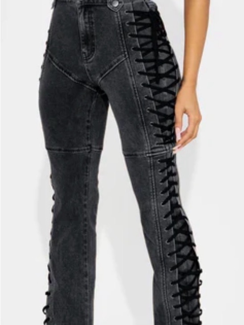Fashion Nova After Hours Black Lace-Up High-Waist Denim Flare Jeans Size M
